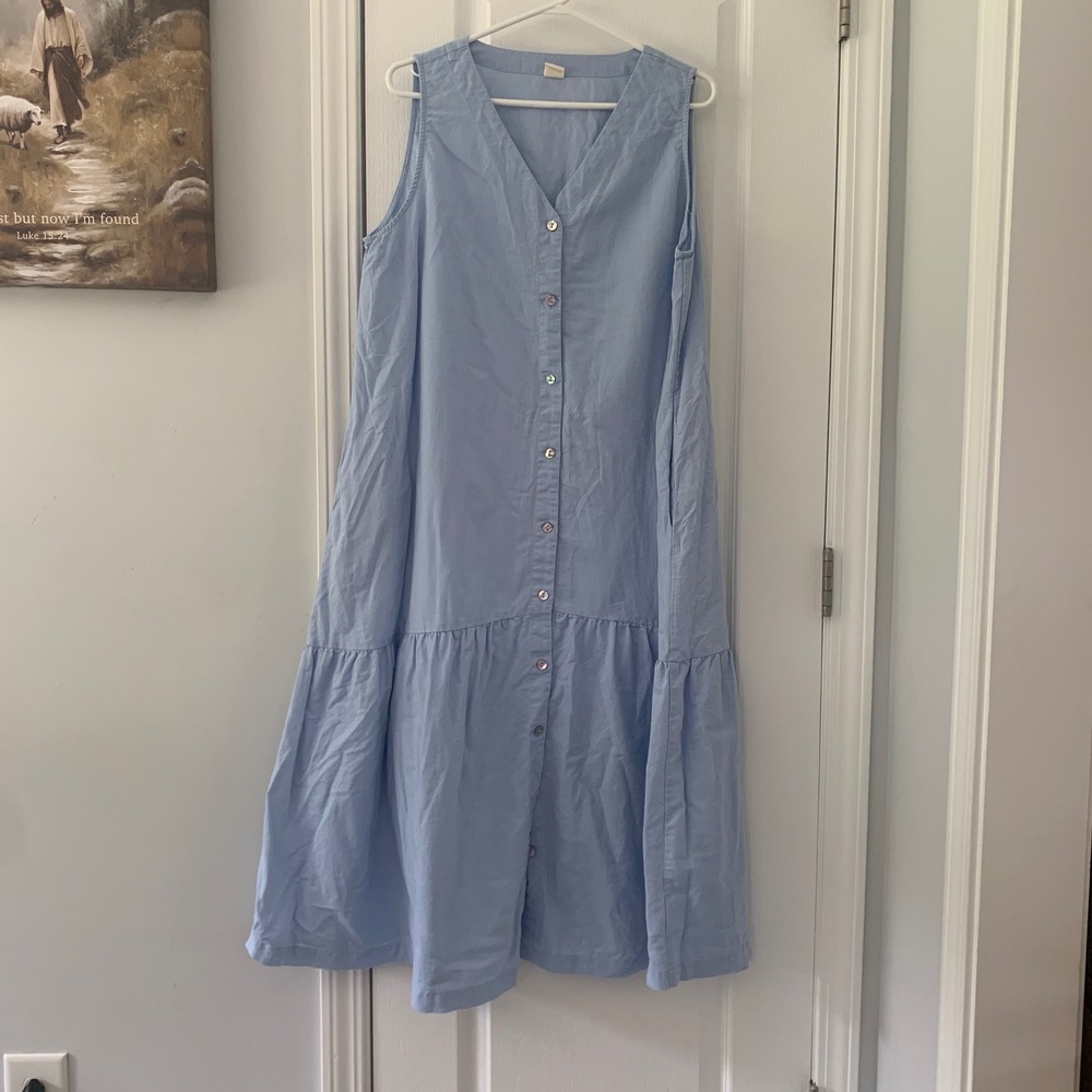 Lintico Women Blue 100% Linen Sleeveless Button Down Tiered Midi Dress XL Pocket